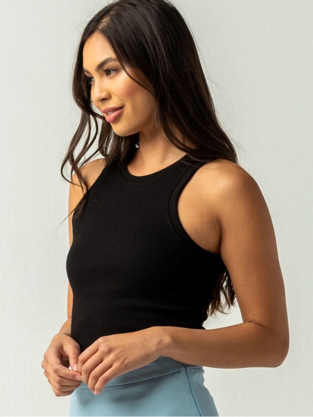 Full Tilt Essentials High Neck Ribbed Crop Tank Top Black Size M